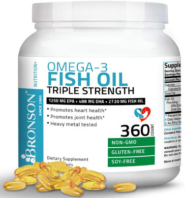 Bronson Omega 3 Fish Oil Triple Strength 2720 mg, High EPA 1250 mg DHA 488 mg, Non-GMO Heavy Metal Tested, 360 Softgels