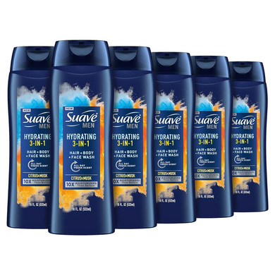 Suave Men Moisturizing Body, Face And Hair Wash, 3-In-1 For Hydrated Skin And Hair, Citrus & Musk Scent, No Parabens, No Phtahaltes, 18 Oz Pack Of 6