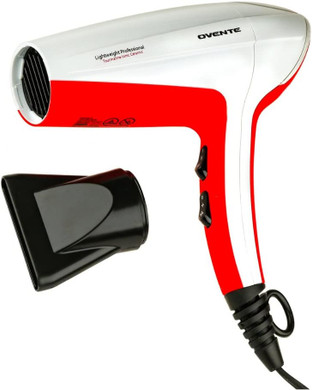 Ovente 1875 Watt Lightweight Hair Dryer, Ionic & Tourmaline Technology, Ideal For Body, Volume & Smoothing, Concentrator Nozzle Attachments For Home, Travel, Or Professional Use, White & Red X2210W