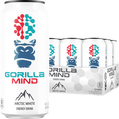 Gorilla Mind Energy Drink | Unmatched Energy · Amplified Focus | N-Acetyl-L-Tyrosine, Alpha-GPC, 200mg Caffeine, Uridine, Saffron | 0 Sugar Or Artificial Colors | 16oz, 12-Pack (Arctic White)