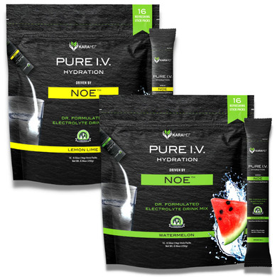 KaraMD Pure I.V. - Doctor Formulated Electrolyte Powder Drink Mix 2 Flavor Bundle  Refreshing & Delicious Hydrating Packets with Vitamins & Minerals  1 Lemon Lime & 1 Watermelon Bag (32 Sticks)