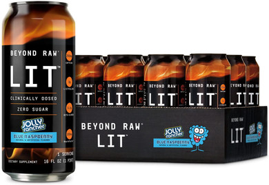 BEYOND RAW LIT On The Go | Ready to Drink Cans | Contains Caffeine, L-Citrulline, Beta-Alanine, and Nitric Oxide | Jolly Rancher Blue Raspberry | 12 Count