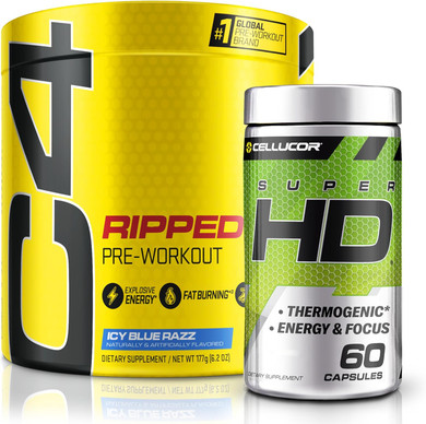 C4 Ripped & SuperHD, The Thermogenic Bundle, C4 Ripped Pre Workout Powder, ICY Blue Razz 30 Servings + SuperHD with Capsimax and Green Tea Extract, 60 Servings