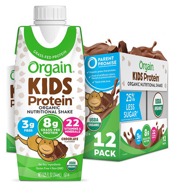 Orgain Organic Kids Nutritional Protein Shake, Chocolate - Kids Snacks With 8G Dairy Protein, 22 Vitamins & Minerals, Fruits & Vegetables, Gluten Free, Soy Free, Non-Gmo, 8.25 Fl Oz (Pack Of 12)