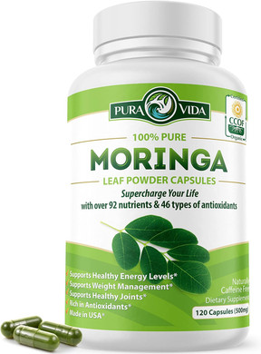Pura Vida Moringa Capsules Single Origin Moringa Powder Organic. Moringa Leaf. Energy, Metabolism, & Immune Support. 120Ct. 500Mg Caps