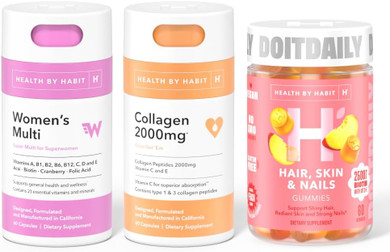 Health By Habit Beauty Full Kit - Women's Multi Supplement (60 Capsules) + Collagen (60 Capsules) + Hair, Skin & Nails Gummies (60 Gummies), Non GMO