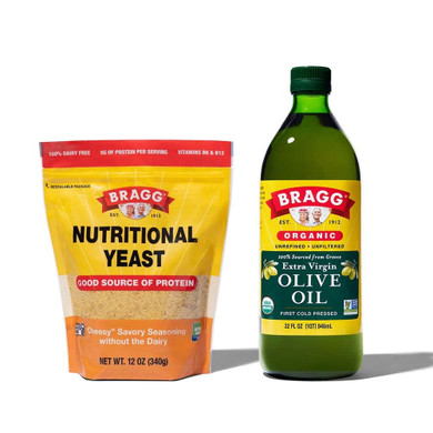 Bragg Organic Extra Virgin Olive Oil  Made With Greek Koroneiki Olives And Premium Nutritional Yeast Seasoning (12 Oz) - Vegan, Gluten Free Cheese Flakes  Good Source Of Protein & Vitamins