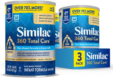 Similac 360 Total Care Infant Formula, with 5 HMO Prebiotics, Our Closest Formula to Breast Milk, Non-GMO, Baby Formula Powder, 36-oz Tub (Case of 3)