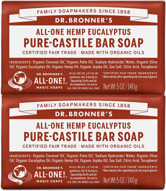 Dr. Bronner's - Pure-Castile Bar Soap (Eucalyptus, 5 ounce, 2-Pack) - Made with Organic Oils, For Face, Body and Hair, Gentle and Moisturizing, Biodegradable, Vegan, Cruelty-free, Non-GMO