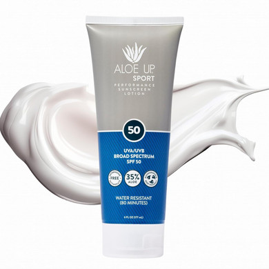 Aloe Up Sport Sunscreen Lotion Spf 50 - Broad Spectrum Uva/Uvb Sunscreen Protector For Face And Body - With Hydrating Aloe Vera Gel - Non-Greasy - No White Cast - Reef Safe - Fragrance-Free - 6 Oz