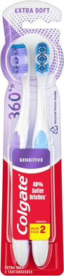 Colgate 360 Extra Soft Toothbrush for Sensitive Teeth and Gums with Tongue and Cheek Cleaner, 2 Pack