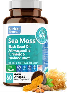 12-In-1 Sea Moss Supplement 3000Mg Ashwagandha 1000Mg Black Seed Oil 2000Mg Burdock 1000Mg, Bladderwrack 1000Mg, Turmeric 2000Mg - Manuka Honey, Dandelion & Black Pepper - 60 Capsules