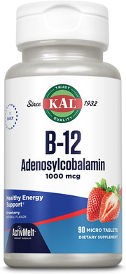 Kal Vitamin B12 1000 Mcg Adenosylcobalamin Activmelt, B12 Energy Supplements, Metabolism, Nerve And Red Blood Cell Support, High Absorption, Vegetarian, Natural Strawberry, 90 Serv, 90 Micro Tablets