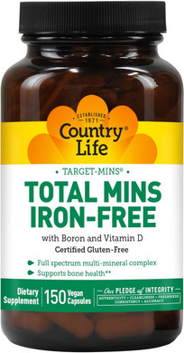 Country Life Target Mins Total Mins Iron-Free With Boron And Vitamin D, 150 Vegan Capsules, Certified Gluten Free, Certified Vegan
