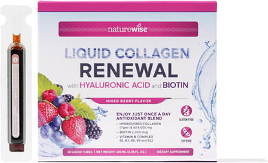 Naturewise Liquid Collagen For Women 4000Mg, Collagen Peptides With Biotin For Hair, Skin And Nails + Vitamin C + Vitamin B Complex - Collagen Type 1 & 3 - Low Sugar - Mixed Berry Flavor - 10 Tubes