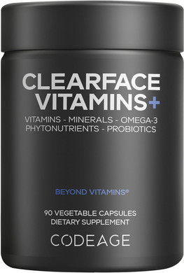 Codeage Clearface Pantothenic Acid, Niacin Supplement, Vitamins A, C, D3, E, Probiotics, Zinc, Riboflavin, Thiamin, L-Lysine Hcl & Omega-3, Niacinamide, Skin Botanical Blend - Non-Gmo - 90 Capsules