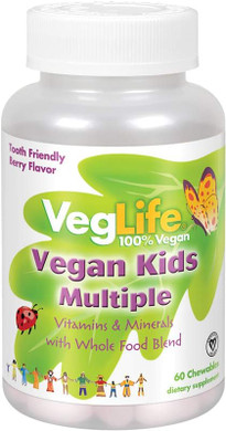 Veglife Vegan Kids Multiple | Natural Berry Flavor Chewable Multivitamin And Mineral | Whole Food Blend W/Spirulina | No Added Sugar | 60 Chewables