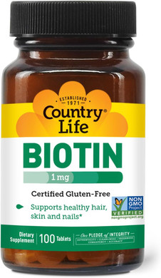Country Life Biotin 1Mg Supports Healthy Hair, Skin & Nails, 100 Tablets, Certified Gluten Free, Certified Vegan, Certified Halal, Non-Gmo Verified