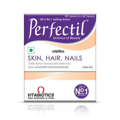 Box of Perfectil Multivitamin Supplements, 30 tablets, enriched with Biotin and Grape Seed Extract for radiant skin, hair fall control, and stronger nails. Supports overall beauty and wellness for men & women.