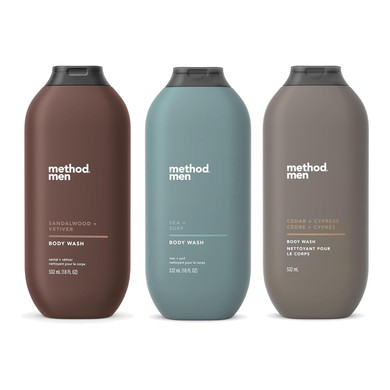 Method Men Body Wash Variety Pack - 3 Scents - Sandalwood + Vetive, Sea + Surf, Cedar + Cypress - 18 Fl Oz Each