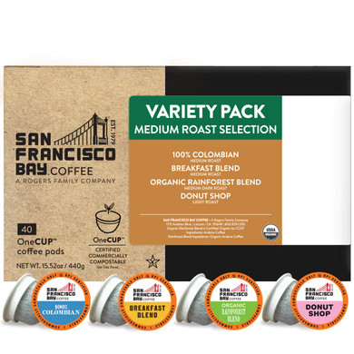 San Francisco Bay Compostable Coffee Pods - Variety Pack Medium Roast (40 Ct) K Cup Compatible Including Keurig 2.0, Colombian, Breakfast, Organic Rainforest, Donut Shop