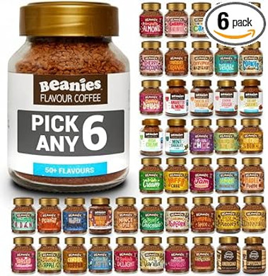 Beanies Flavoured Instant Coffee Pick Any 6 Jars (50G) From 50+ Flavours (Blends, Barista, Decaf) Inc. Turkish Delight, Chocolate Orange, Chai Latte, Cookie Dough, Hazelnut, Caramel, Vanilla And More!