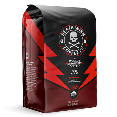 Death Wish Coffee Whole Bean Dark Roast - Extra Kick of Caffeine - USA Organic Coffee Beans - Fair Trade Arabica & Robusta Coffee Beans - Dark Roast Coffee Beans (80 oz.)