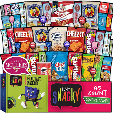 I AM Snacky - Mothers Day Snack Box Variety Pack Care Package + Greeting Card - SNACKY'S FESTIVE FAVES (45 Count) Sweet Treats Gift Basket, Candies Chips Assortment