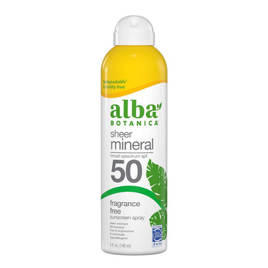 Alba Botanica Sheer Mineral Sunscreen Spray, Spf 50, Fragrance-Free Broad Spectrum, Water Resistant And Biodegradable, 5 Fl. Oz. Bottle