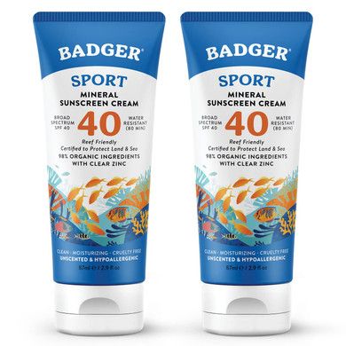 Badger Reef Safe Sunscreen, Spf 40 Sport Mineral Sunscreen, 98% Organic Sunscreen Ingredients, Broad Spectrum, Water Resistant, Zinc Oxide Sunscreen, Unscented, 2.9 Fl Oz (2 Pack)2.9 Fl Oz (Pack Of 2)