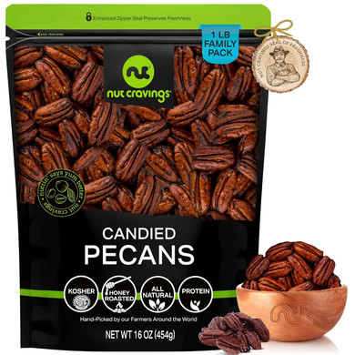 Nut Cravings - Candied Pecans Honey Glazed Praline, No Shell (16oz - 1 LB) Bulk Nuts Packed Fresh in Resealable Bag - Healthy Protein Food Snack, All Natural, Keto Friendly, Vegan, Kosher