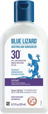 Blue Lizard Sport Mineral Sunscreen With Zinc Oxide, Spf 30+, Water/Sweat Resistant, Uva/Uvb Protection With Smart Bottle Technology - Fragrance Free, Unscented, 8.75
