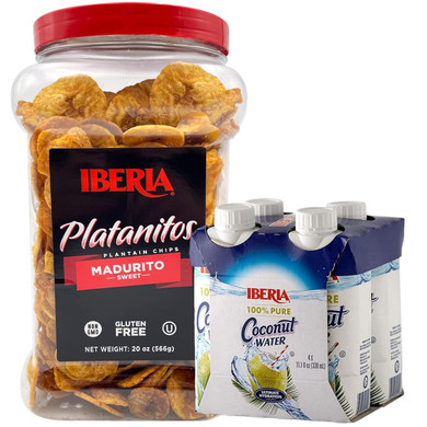 Iberia 100% Natural Coconut Water 11.1 Oz (Pack Of 4)+ Iberia Maduritos Naturally Sweet Plantain Chips, 20 Oz