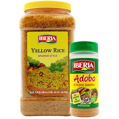 Iberia Yellow Rice 6.25 Lb. Bulk Spanish Style Seasoned Rice + Iberia Adobo All Purpose Seasoning, Without Pepper, 16 Oz