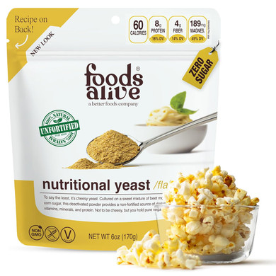 Foods Alive Non-Fortified Premium Nutritional Yeast Flakes, 6 Ounce Unfortified Vegan Cheese Powder Seasoning