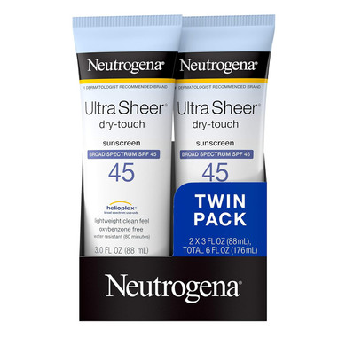 Neutrogena Ultra Sheer Dry-Touch Water Resistant And Non-Greasy Sunscreen Lotion With Broad Spectrum Spf 45, Tsa-Compliant Travel Size, 3 Fl Oz, Pack Of 2, 6 Fl Oz3 Fl Oz (Pack Of 2)