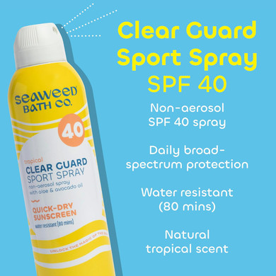 Seaweed Bath Co. Clear Guard Spf 40 Sport Broad Spectrum Sunscreen Spray, 6 Ounce, Sustainably Harvested Seaweed, Aloe, Avocado Oil
