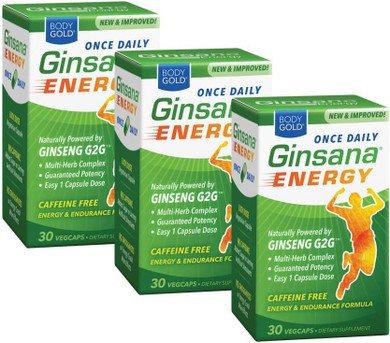 Body Gold Ginsana Energy, Once Daily | Panax Ginseng Extract w/Energizing Herbal Blend for Focus & Endurance | No Caffeine (30 CT, 3pk)