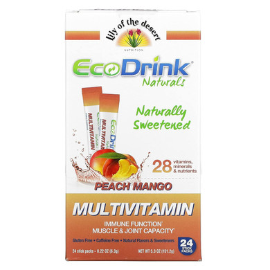 Lily Of The Desert EcoDrink Multivitamin Energy Powder Drink Mix - Electrolytes Antioxidants Nutrients - Sugar and Caffeine Free - Peach Mango Flavor Powder, 24 Packets