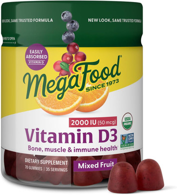 Megafood Vitamin D3 Gummies 2000 Iu (50 Mcg) - Vitamin D Gummies Mixed Fruit Flavor, Bone, Muscle & Immune Support Supplement, Vegetarian, Gluten-Free, Usda Organic  70 Gummies, 35 Servings