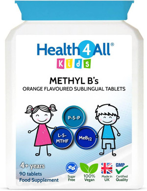 Health4All Kids Methyl B's 180 Tablets for Children for Stress & Mood Support. Sublingual Vegan pre-methylated B12 Methylcobalamin, 5-Methylfolate and Vitamin B6 P-5-P