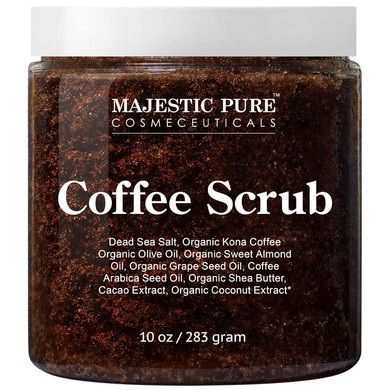 Majestic Pure Arabica Coffee Scrub - All Natural Exfoliating Body Scrub For Skin Care, Stretch Marks, Acne & Cellulite, Reduce The Look Of Spider Veins, Eczema, Age Spots & Varicose Veins - 10 Ounces