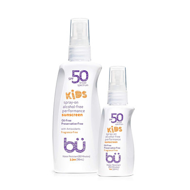 Sunscreen Spray Kids Spf 50 By Bu Value Pack - Travel Size Organic Sun Block For Sensitive Skin - Fragrance-Free, Oil-Free, Non Greasy, Non Comedogenic, Water-Resistant (1 + 3.3 Ounce)1 Ounce + 3.3 Ounce