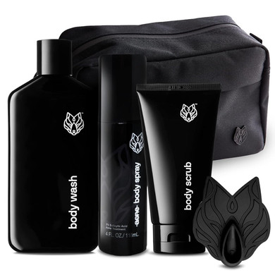 Black Wolf Skincare Gift Set for Men, Body Acne System - Charcoal Powder Body Wash, Exfoliating Body Scrub, Body Acne Spray, Scrubber, & Toiletry Bag Kit - Salicylic Acid Body Wash For All Skin Types