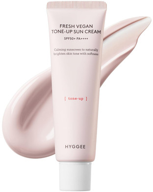 Hyggee Fresh Vegan Tone-Up Suncream Spf 50 + Pa++++ - Light Peach Toneup Sunscreen - 100% Hypoallergenic & Clinically Tested For Sensitive Skin  Non Irritating Non-Nano Sunscreen 1.69Oz