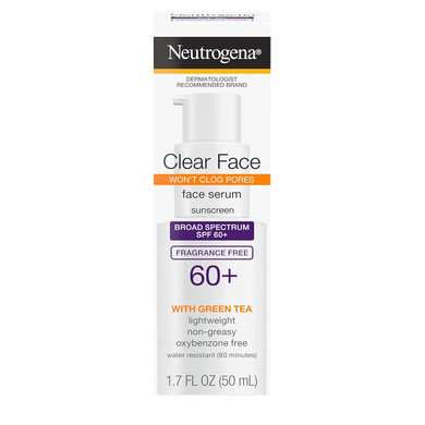 Neutrogena Clear Face Serum Sunscreen With Green Tea, Broad Spectrum Spf 60+, Non-Comedogenic Face Sunscreen For Lightweight Uva/Uvb Protection, Oxybenzone- & Fragrance-Free, 1.7 Fl. Oz