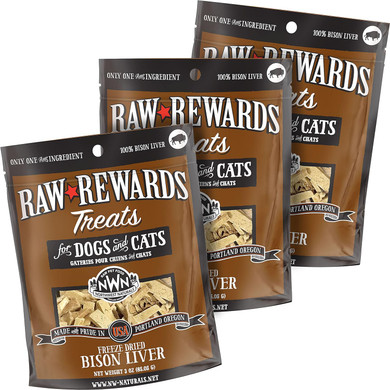 Northwest Naturals Raw Rewards Freeze-Dried Bison Liver Treats for Dogs and Cats - Bite-Sized Pieces - Healthy, 1 Ingredient, Human Grade Pet Food, All Natural - 3 Oz (Pack of 3) (Packaging May Vary)