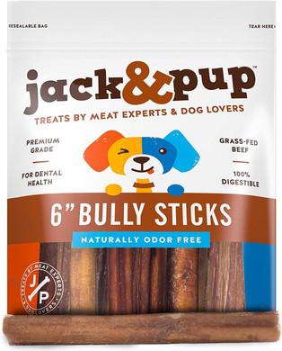 Jack&Pup 6-inch Premium Grade Odor Free Bully Sticks Dog Treats [Thick-Size]  6 Long All Natural Gourmet Dog Treat Chews  Fresh and Savory Beef Flavor - (6 Pack)