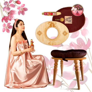 seat for Yoni in a Luxury Package-Devi steam Wooden SEAT with Engraved Pictures of Goddess Yoga and Muladhara (Luxury Queen (Seat+Herbs+Cushion+Gown+Smudge), Gold)