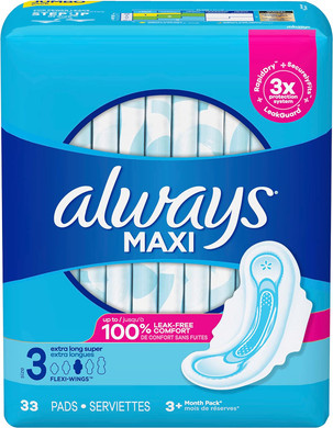 Always Maxi Size 3 Feminine Pads With Wings, Extra Long Super Absorbency, Unscented, 33 Count